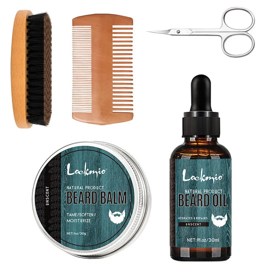 5pcs/set Beard Oil Balm for Men Beards Moisturizing Care Essential Oil for Promote Healthy Beards Growth Beard Styling Tool Kit Autofitlife